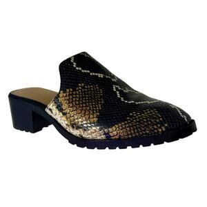 Crown Vintage Block Heel Mules Size 7.5 Slip On Snake Leather Clogs Black Tan